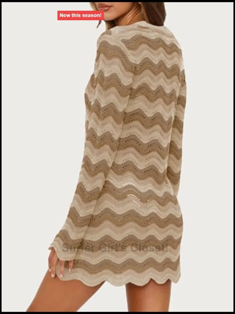 Crochet Colorful Mesh Summer Long Sleeve Cover Up Striped Beach Mini Dress